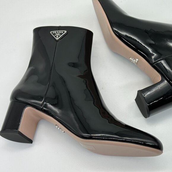 PRADA Triangle Logo Patent Leather Block Heel Ankle Booties Boots Shoes - Picture 13 of 16